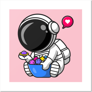 Cute Astronaut With Planet Candy Bowl Cartoon Posters and Art